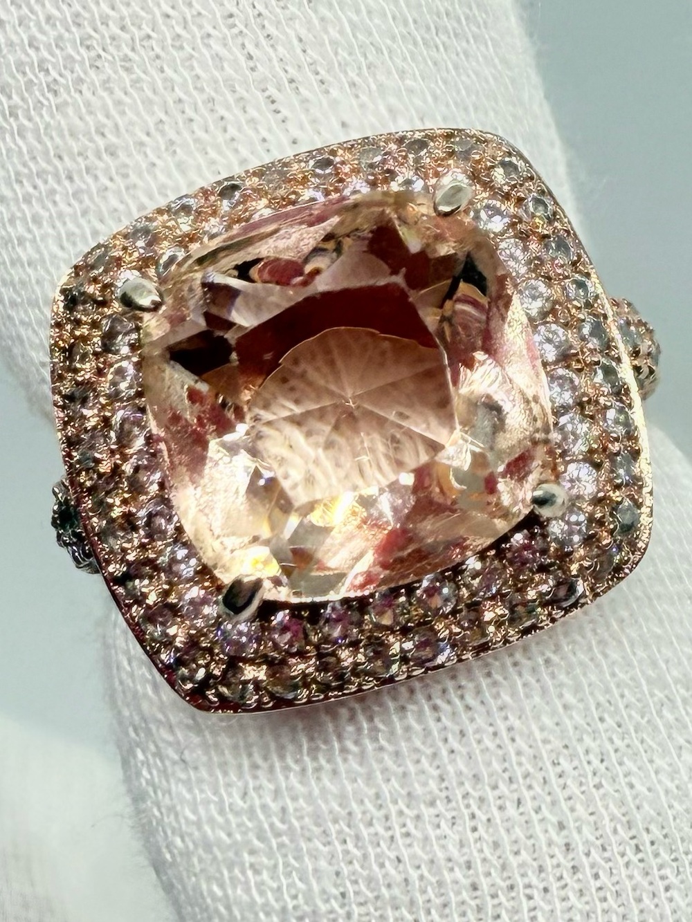 ✨ Stunning Cushion Cut Morganite Halo Ring 14k Rose Gold, Silver Size 5✨
